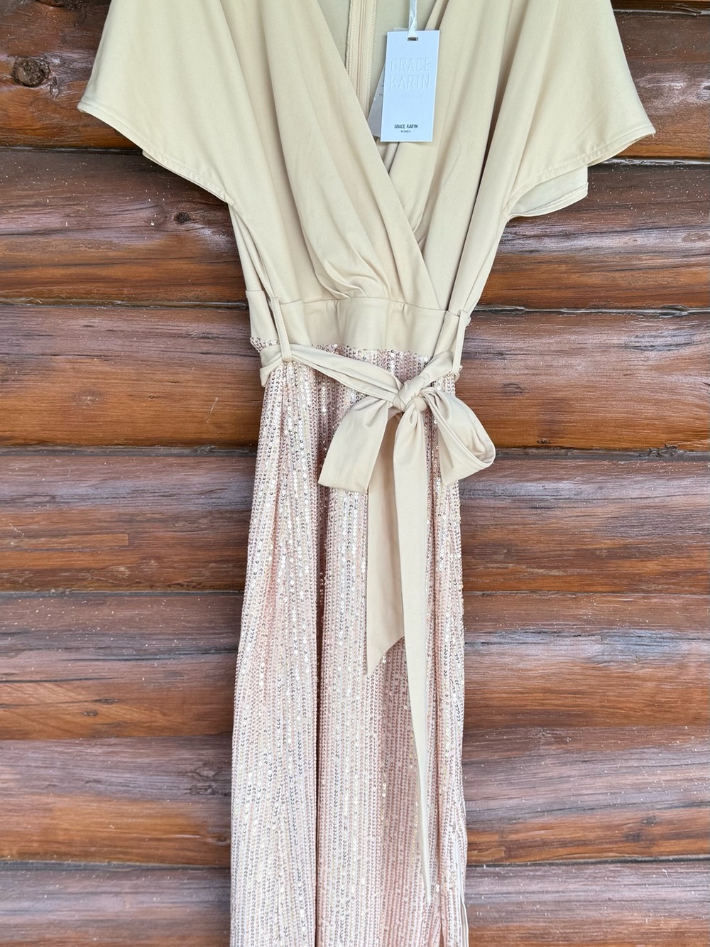Karen Scott Beige/Gold Sequin Dressy Wrap Maxi Dress